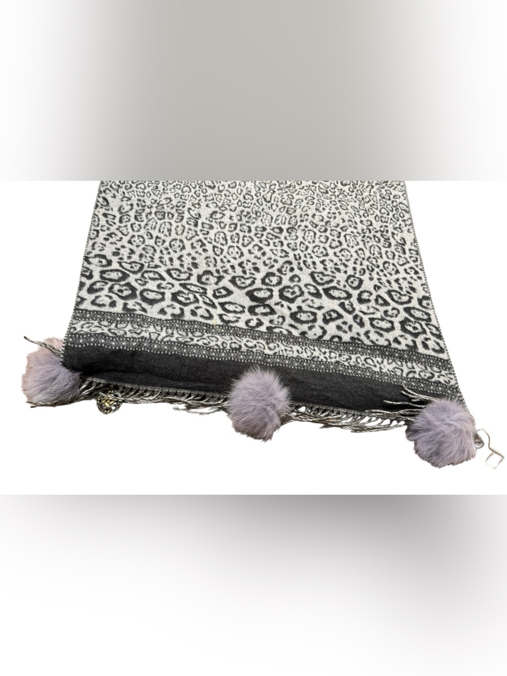 Mitchies Women's Grey Leopard Print Pom Scarf Wrap